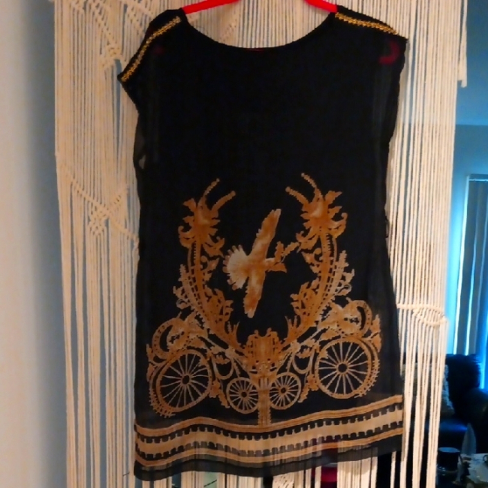 Pussycat Elegant Black and Gold Blouse With Classic Print That Ties Size Medium